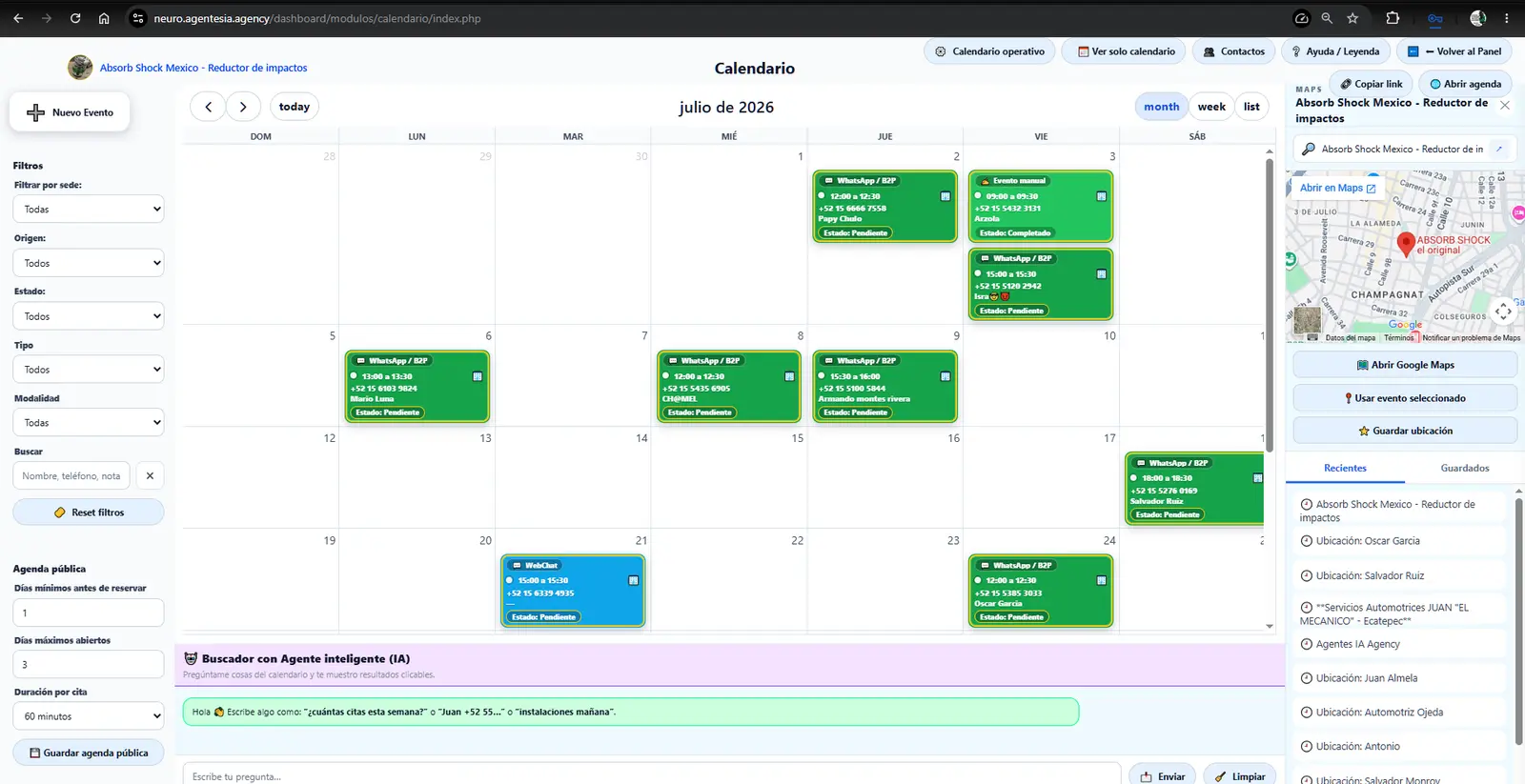 Agenda de clientes Neuro con citas, sedes, mapas y buscador con IA