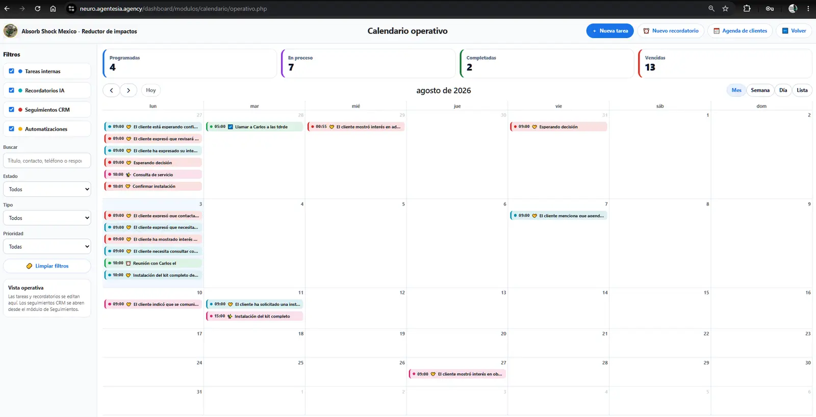 Calendario operativo Neuro con tareas humanas, recordatorios IA, automatizaciones y seguimientos CRM